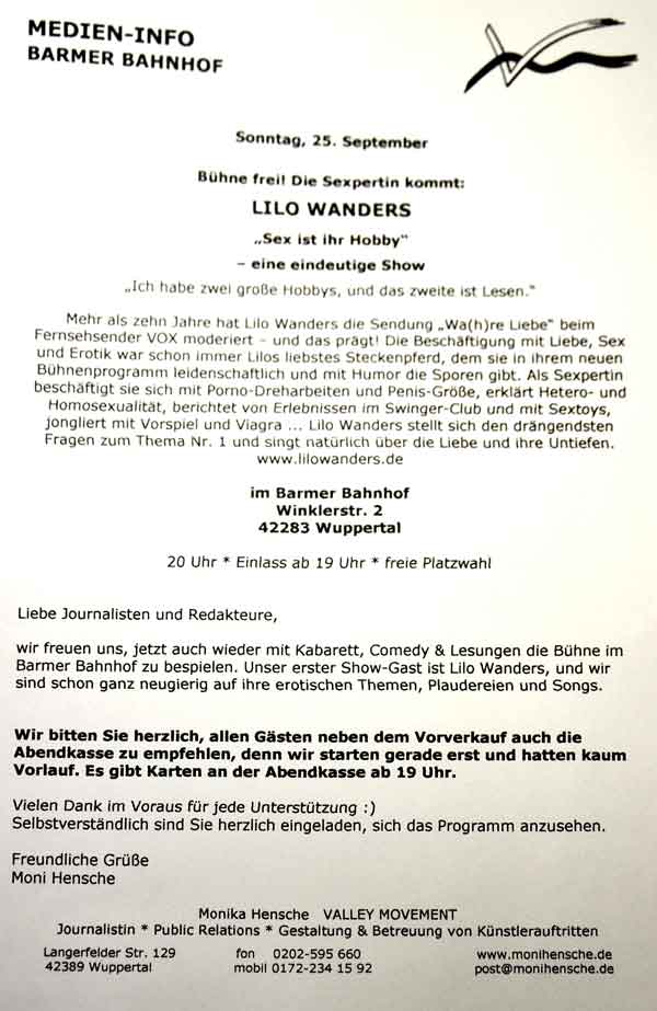 Medien Information zum Auftritt von Lilo Wanders im Barmer Bahnhof